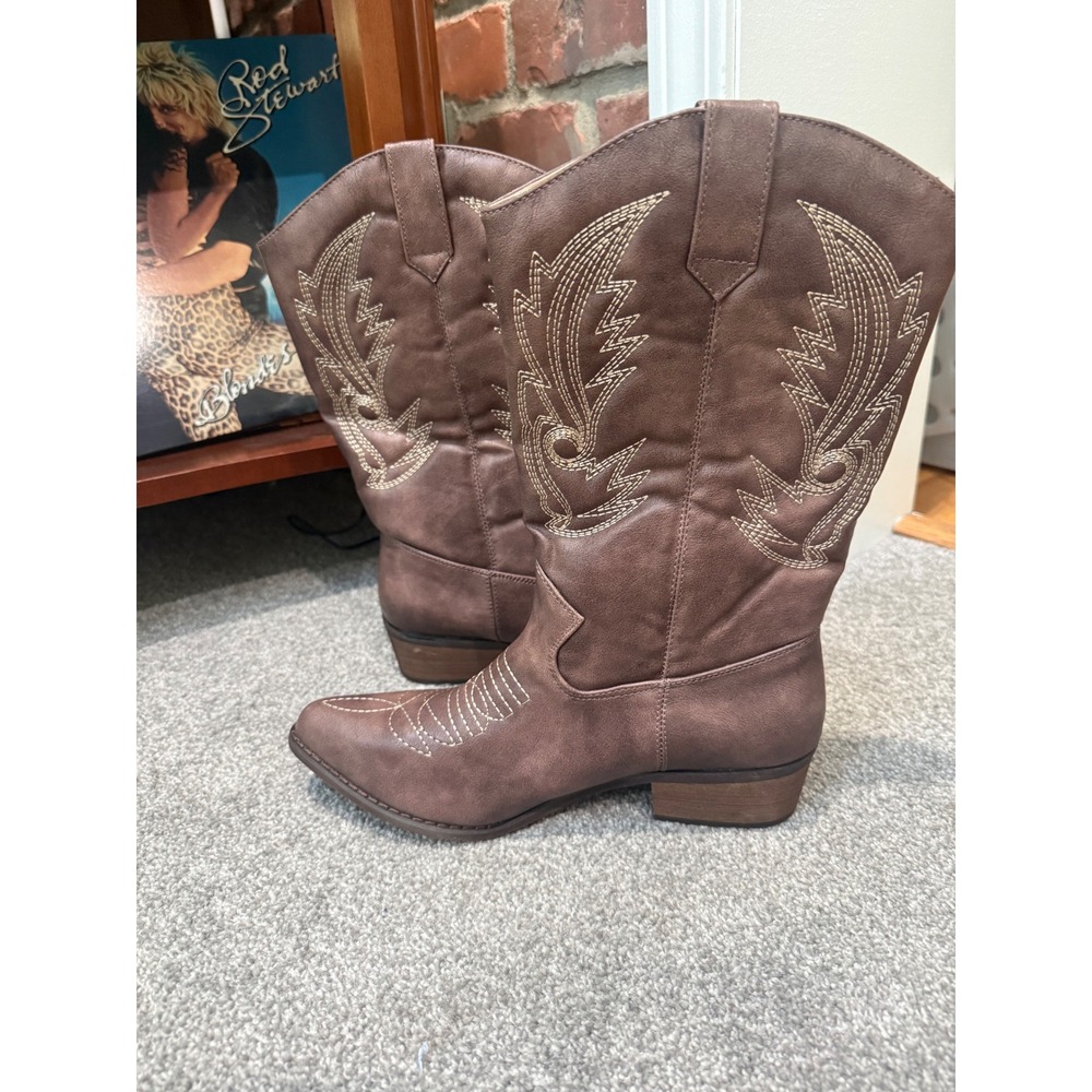 Shesole Brown Western Cowboy Boots Embroidered Pointed Toe Size 40 US 9